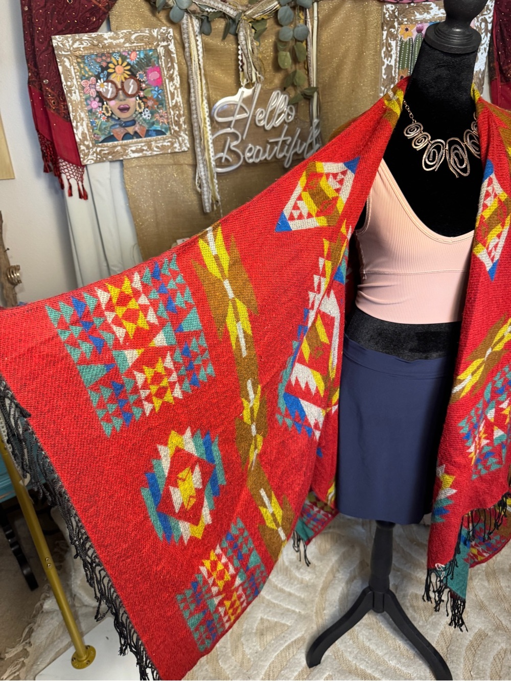 Boho Aztec Fringe Ruana - Multicolor - Picture 3 of 6